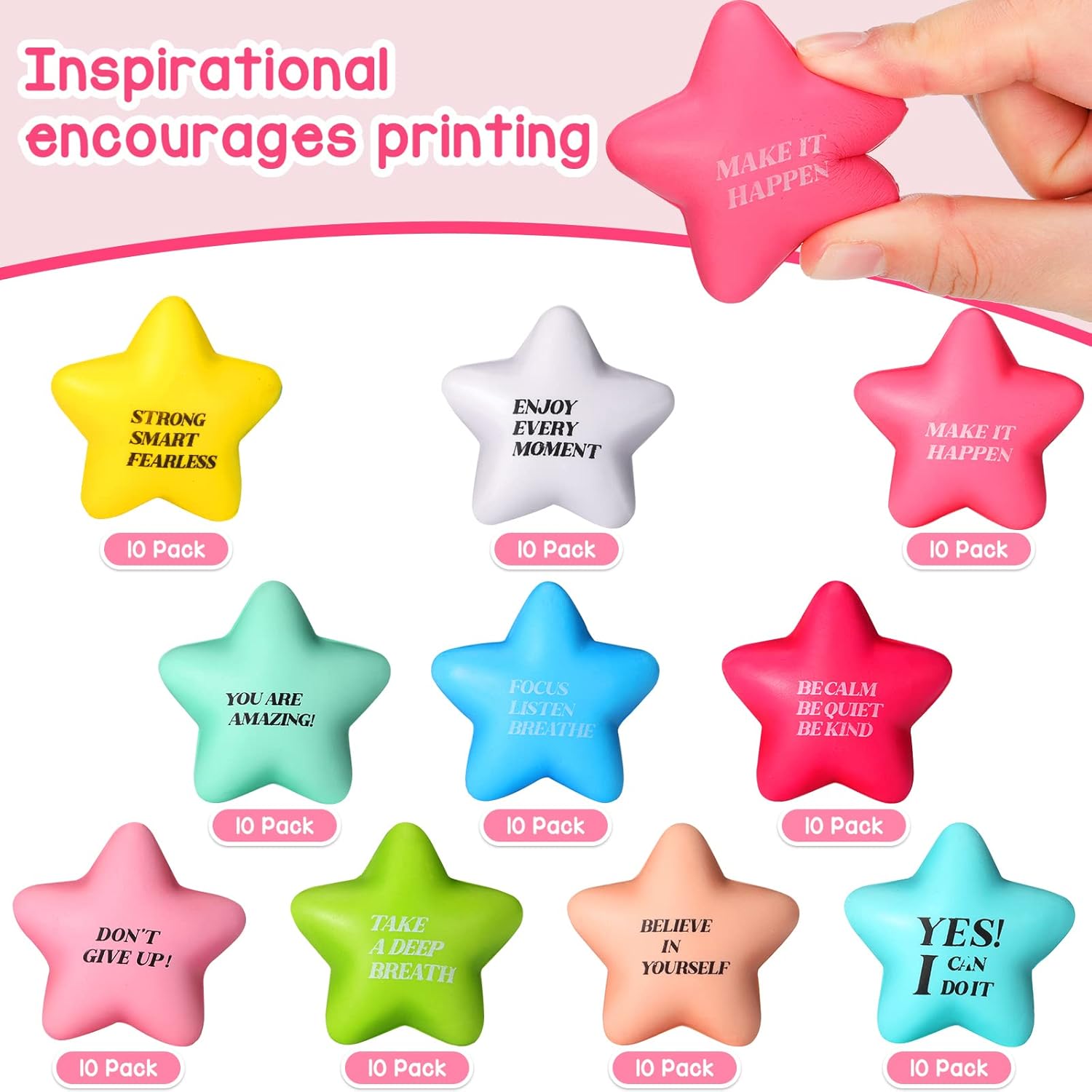 Sotiff 100 Pack Star Stress Balls Bulk Stress Relief Balls with Motivational Quotes Mini Inspirational Foam Party Favors Gifts for Kids Adults Anger Fidget Relief Exercise(Fresh Colors)