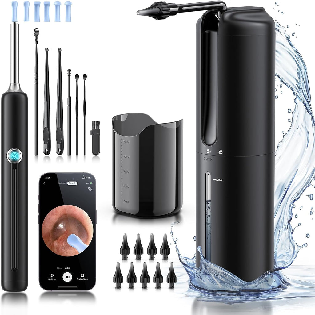 Ear Wax Removal - Electric Ear Irrigation Flushing System with 4 Pressure Modes, Ear Cleaner with Camera, 1080P Otoscope, Ear Cleaning Tool with 7 Pcs Ear Set, Safe and Effective Earwax Removal Kit