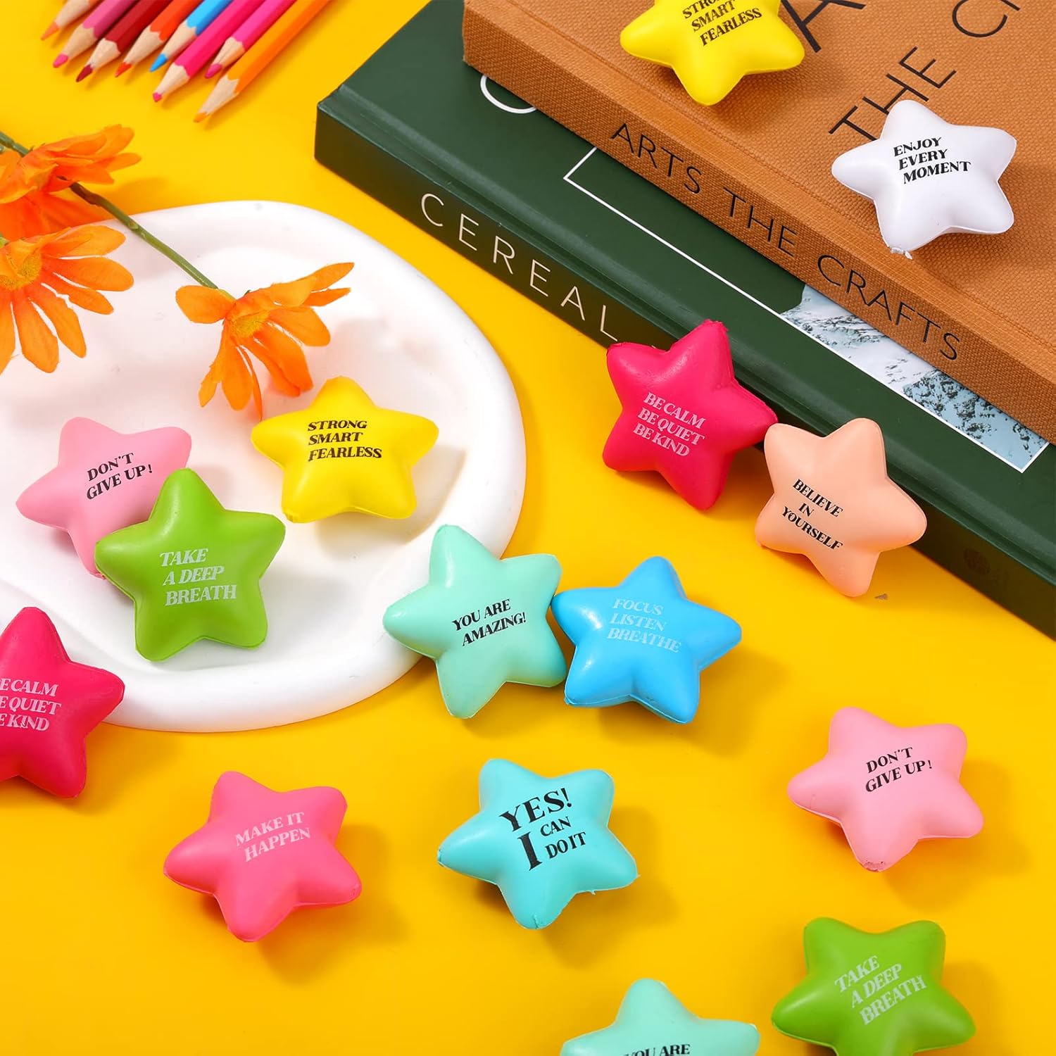 Sotiff 100 Pack Star Stress Balls Bulk Stress Relief Balls with Motivational Quotes Mini Inspirational Foam Party Favors Gifts for Kids Adults Anger Fidget Relief Exercise(Fresh Colors)
