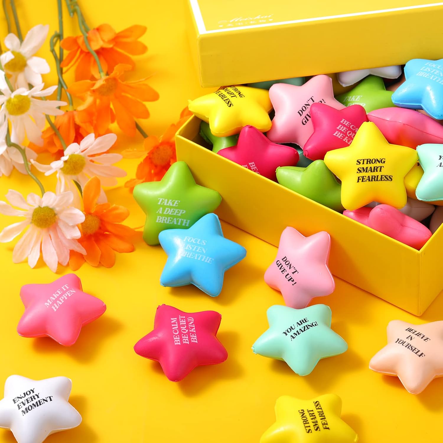 Sotiff 100 Pack Star Stress Balls Bulk Stress Relief Balls with Motivational Quotes Mini Inspirational Foam Party Favors Gifts for Kids Adults Anger Fidget Relief Exercise(Fresh Colors)