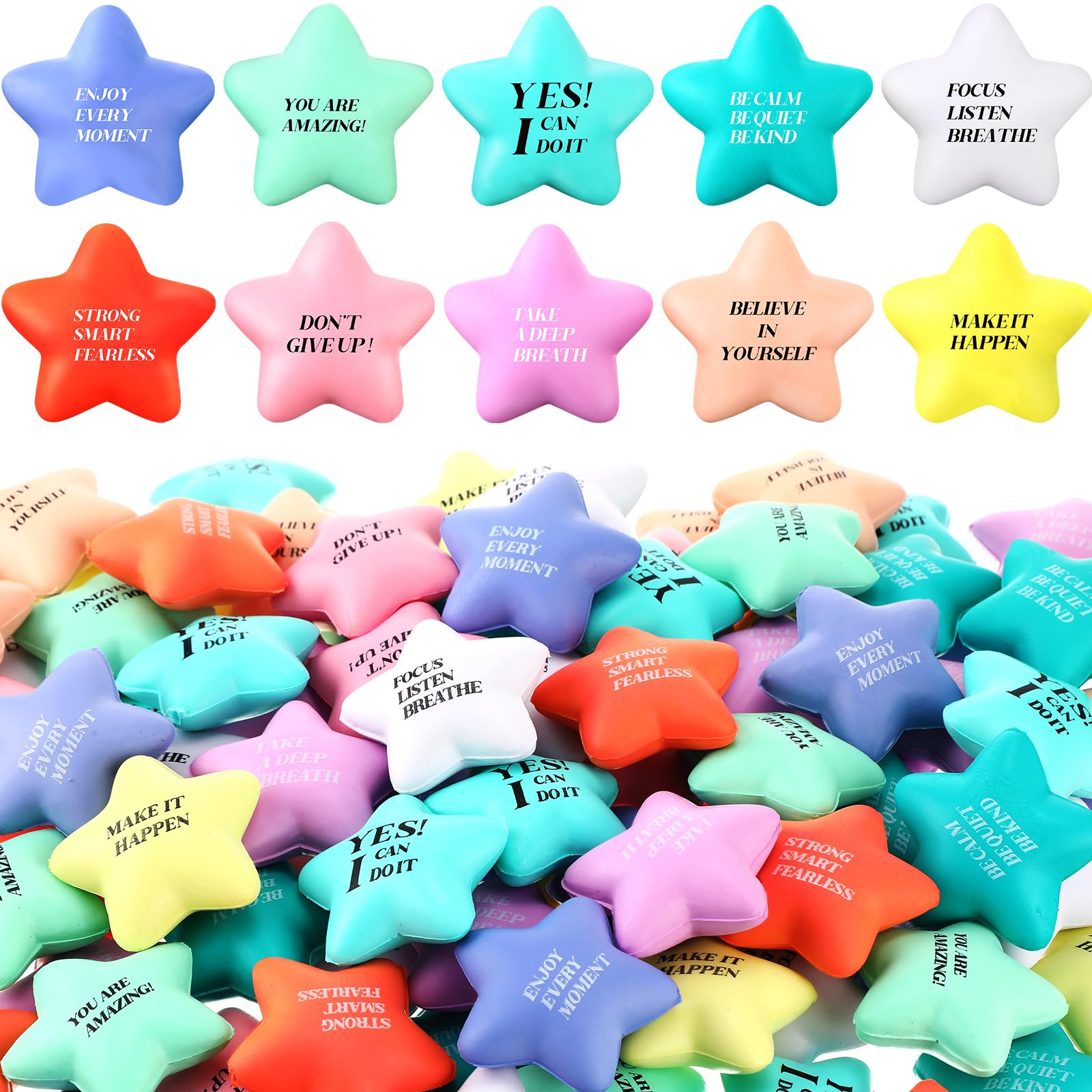 Sotiff 100 Pack Star Stress Balls Bulk Stress Relief Balls with Motivational Quotes Mini Inspirational Foam Party Favors Gifts for Kids Adults Anger Fidget Relief Exercise(Fresh Colors)