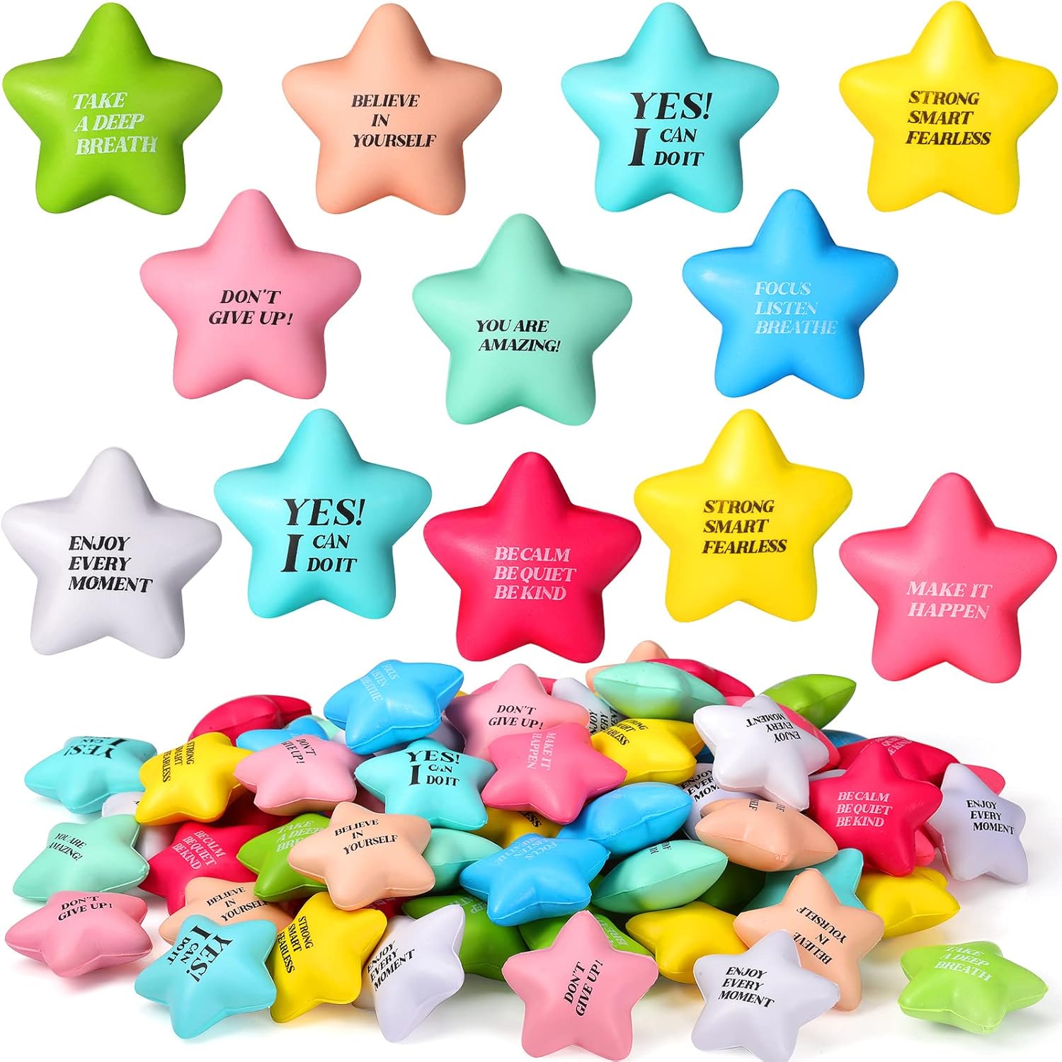 Sotiff 100 Pack Star Stress Balls Bulk Stress Relief Balls with Motivational Quotes Mini Inspirational Foam Party Favors Gifts for Kids Adults Anger Fidget Relief Exercise(Fresh Colors)