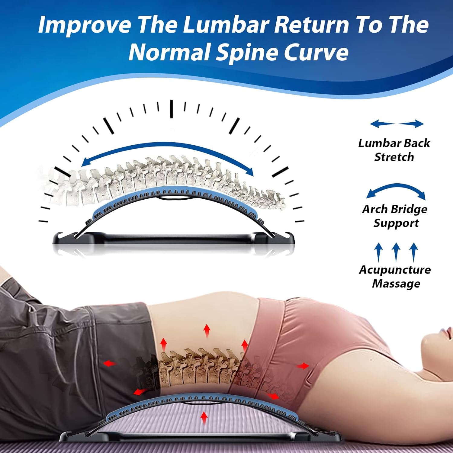 Back Stretcher for Lower Back Pain Relief, 3 Level Adjustable Lumbar Back Cracker Board, Back Cracking Device, Back Massager for Scoliosis, Spine Decompression